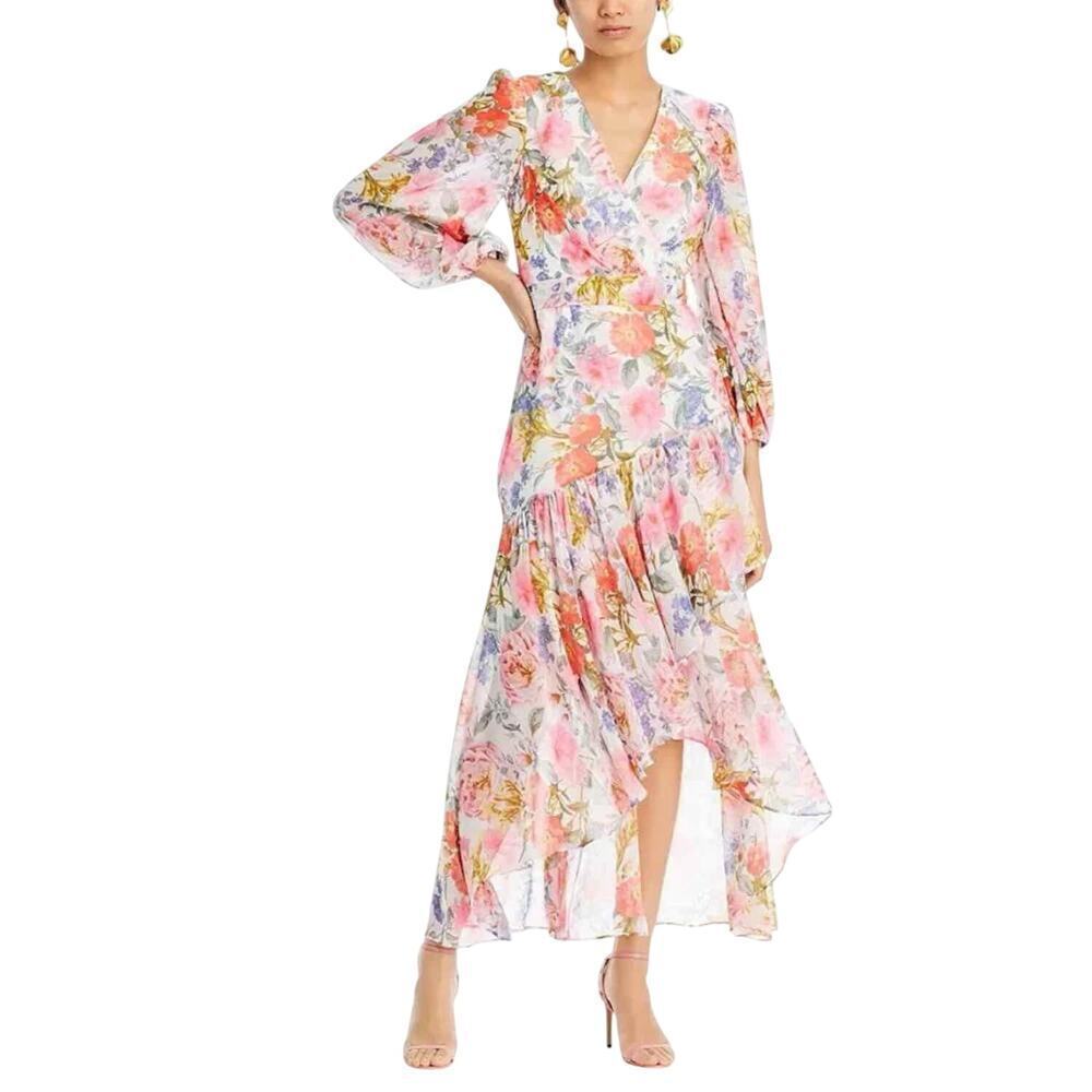 Eliza J Ruffled Floral-Print Asymmetrical Hem Midi Dress Size 4 Party
